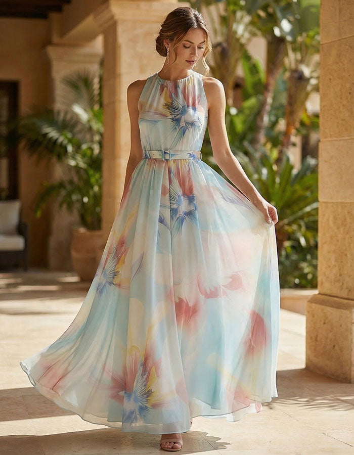 Abito lungo con sfondo blu, fiori iridescenti, collo all'americana e vita aderente