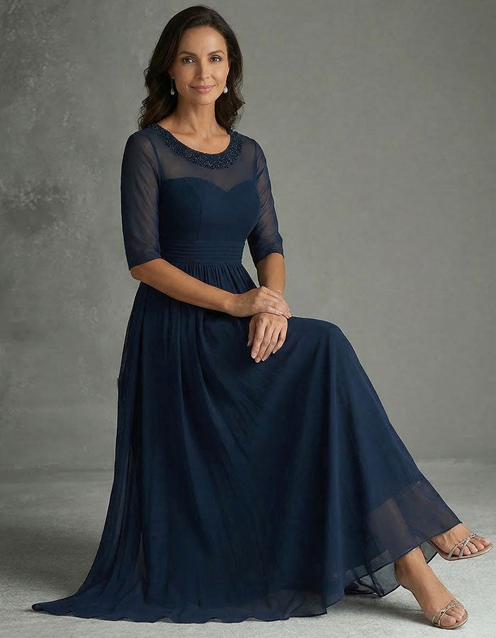 Navy Blue Mesh Sequined Waist Maxi Dress