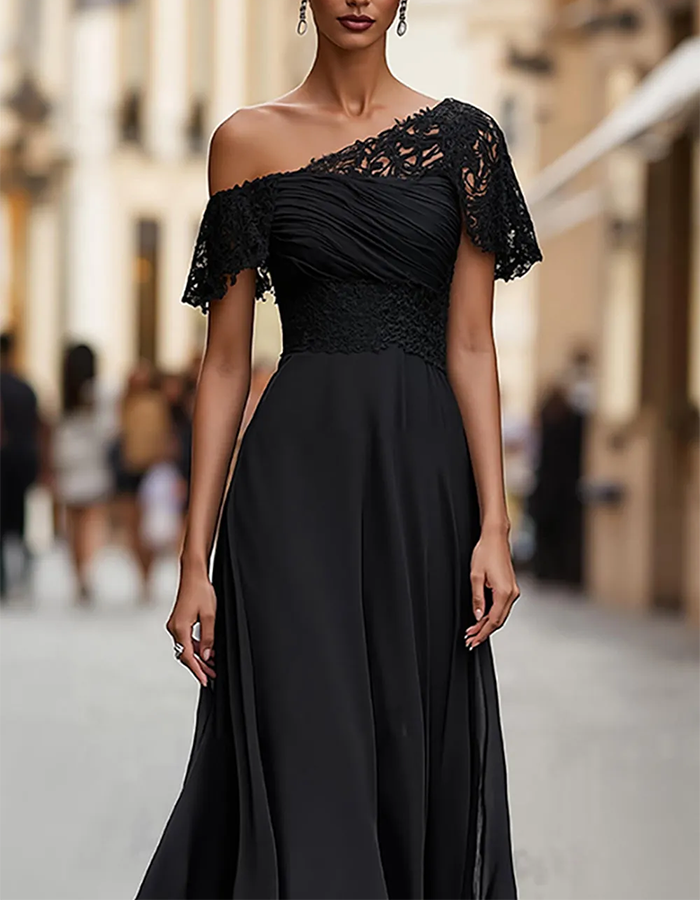 Schwarze Spitze Ein-Schulter Chiffon Maxikleid
