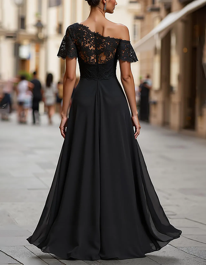 Vestido maxi preto de chiffon com renda e um ombro só