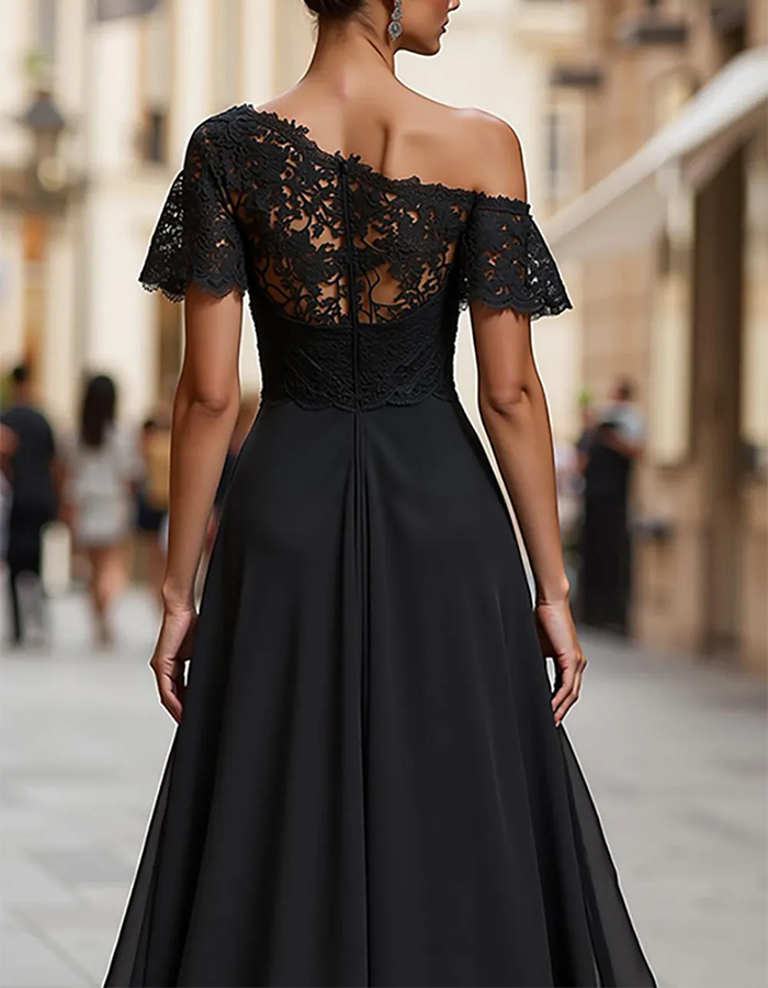 Schwarze Spitze Ein-Schulter Chiffon Maxikleid