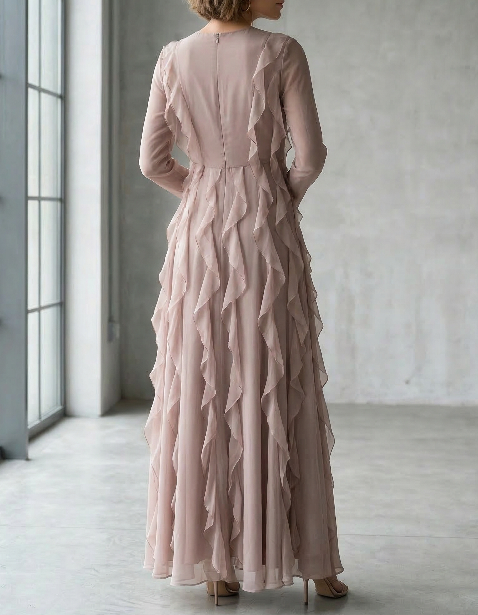 Grayish Purple Chiffon Round Neck Ruffle Maxi Dress