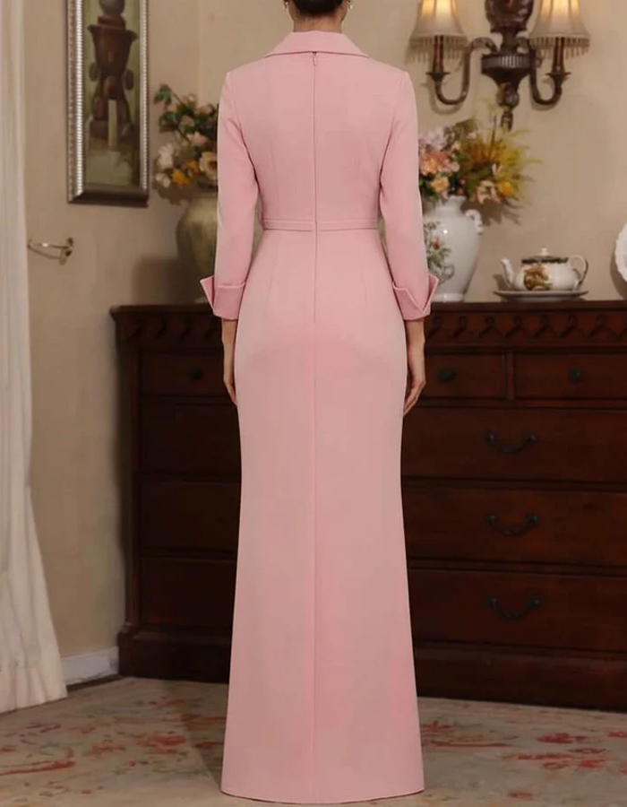 Vestido Maxi Rosa de Manga Comprida com Decote em V e Lapela
