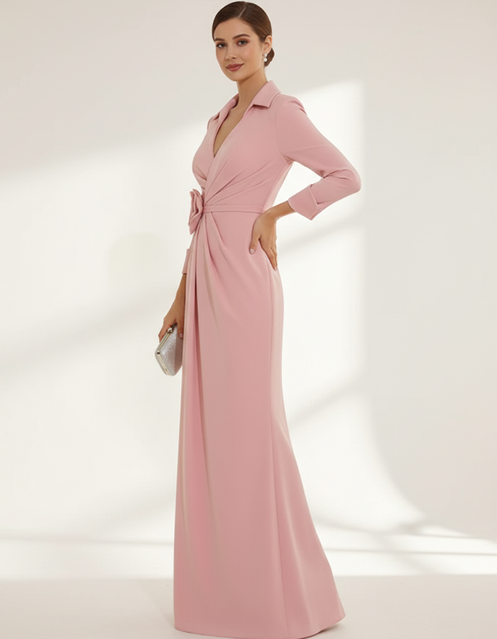 Vestido Maxi Rosa de Manga Comprida com Decote em V e Lapela