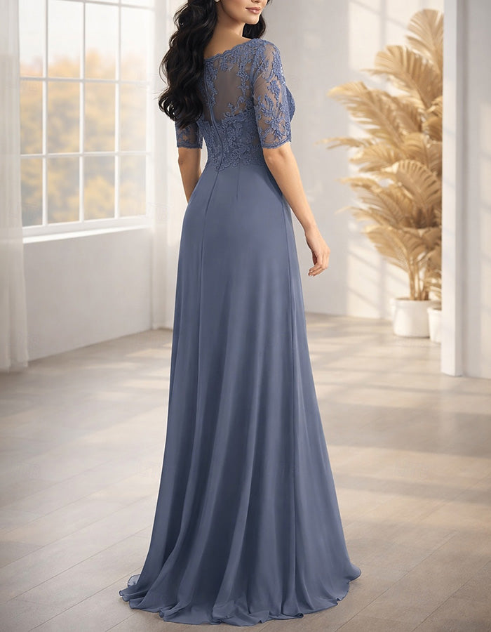 Vestido maxi azul polvo de gasa con encaje y cuello en V  