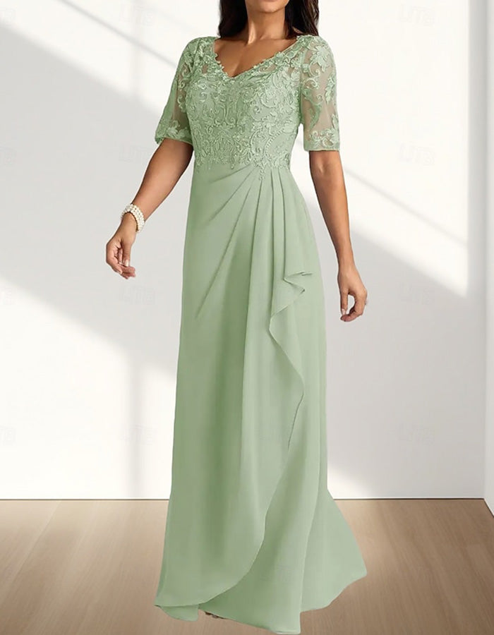 Vestido maxi azul poeirento de chiffon com renda e decote em V