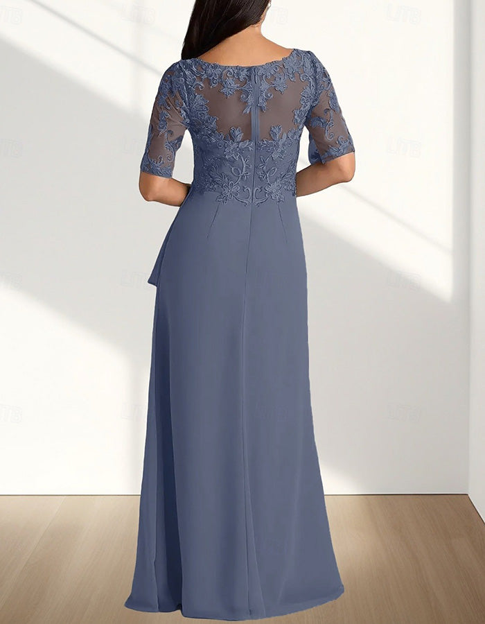 Vestido maxi azul polvo de gasa con encaje y cuello en V  