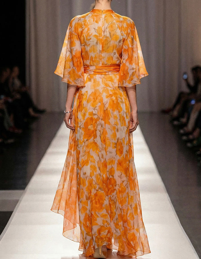 Oranges Blumenmuster Chiffon Wickel-Maxikleid