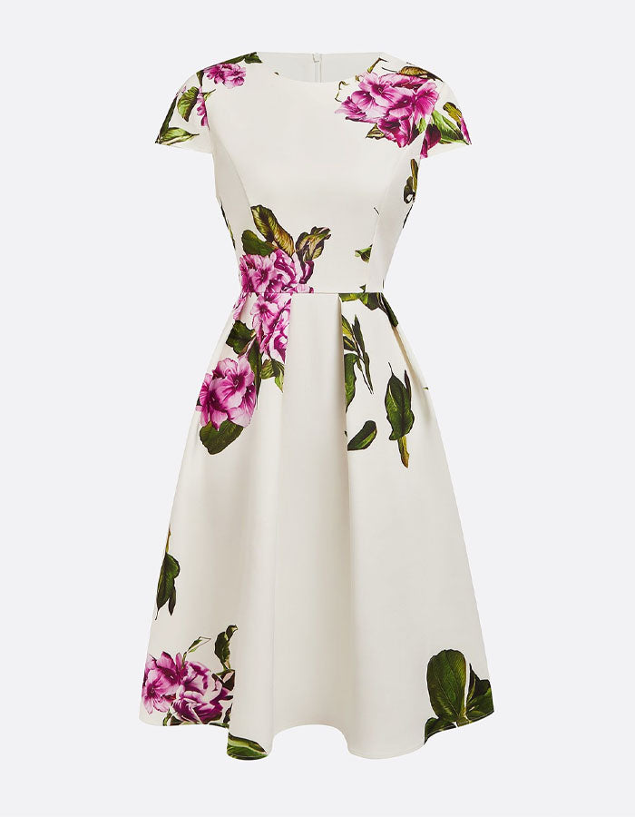 Abito midi bianco e viola con stampa floreale, scollo tondo e maniche corte