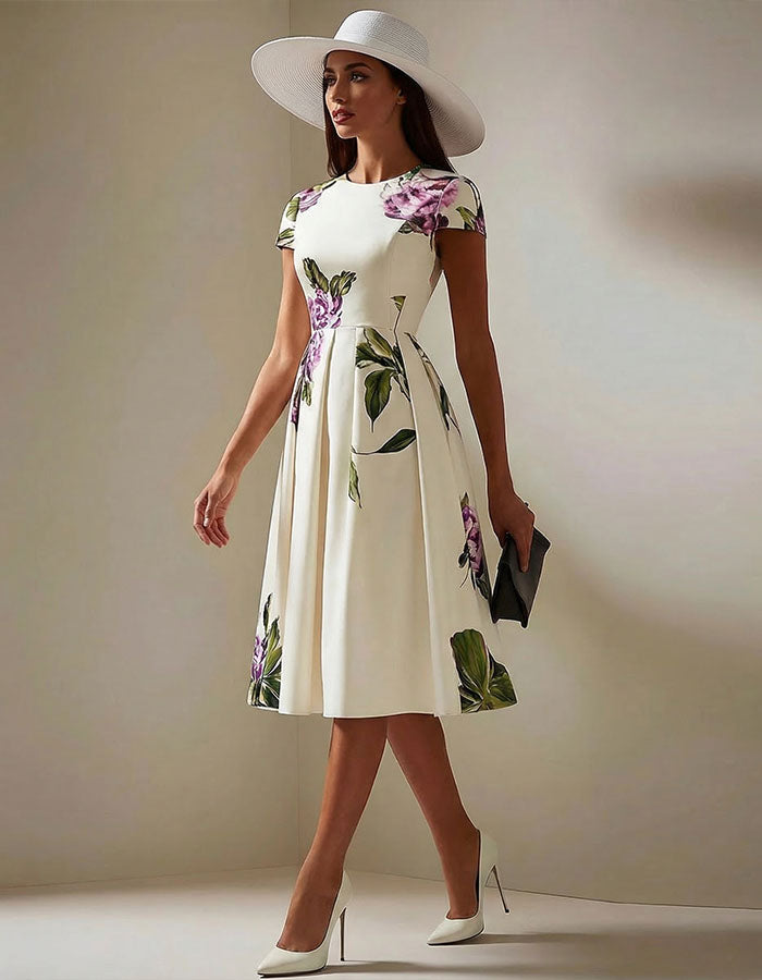 White And Purple Floral Print Crew Neck Short Sleeved Midi Dress