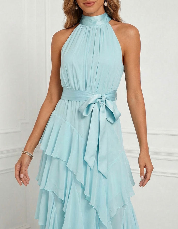 Abito lungo in chiffon blu con collo all'americana e volant
