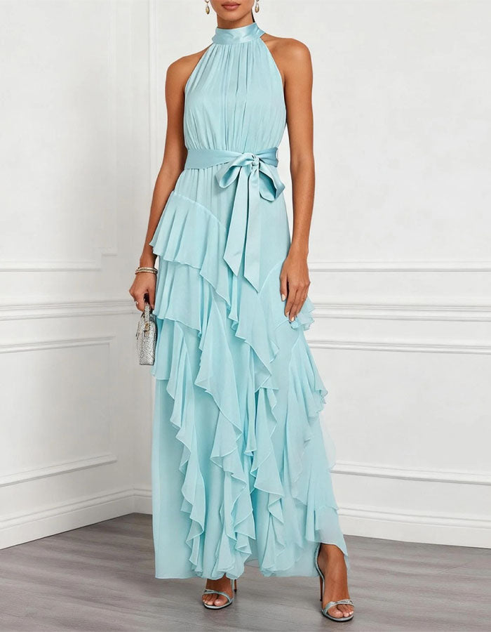 Vestido maxi azul con cuello halter y volantes de gasa  