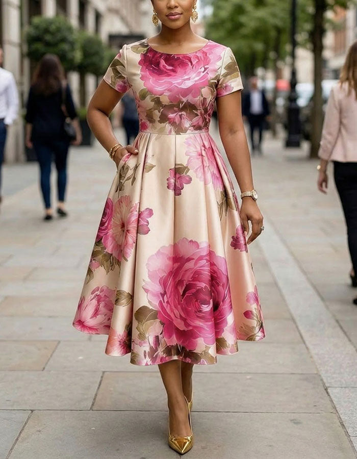 Nude Base With Large Rose Red Flowers Satin Midi Dress