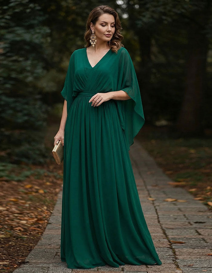 Dunkelgrünes Maxikleid aus Chiffon mit V-Ausschnitt und Cape-Ärmeln  