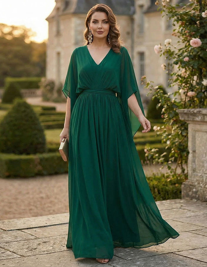 Dunkelgrünes Maxikleid aus Chiffon mit V-Ausschnitt und Cape-Ärmeln  