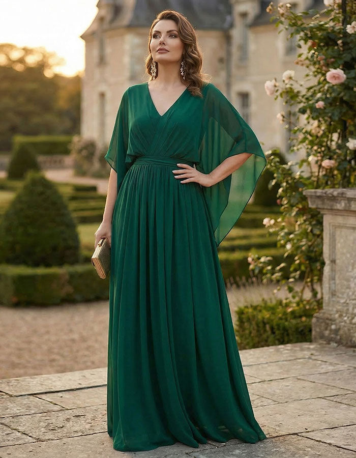 Dunkelgrünes Maxikleid aus Chiffon mit V-Ausschnitt und Cape-Ärmeln  