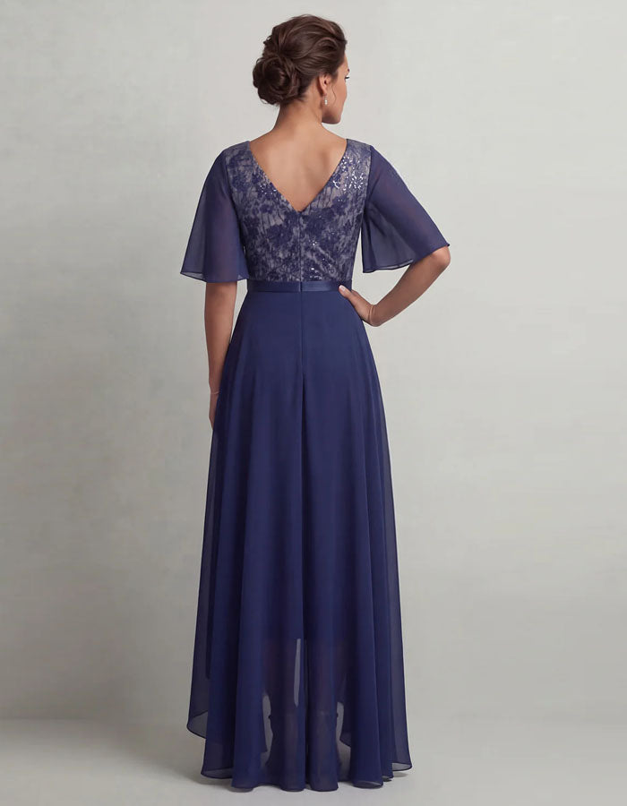 Abito lungo in chiffon blu navy con pizzo e paillettes