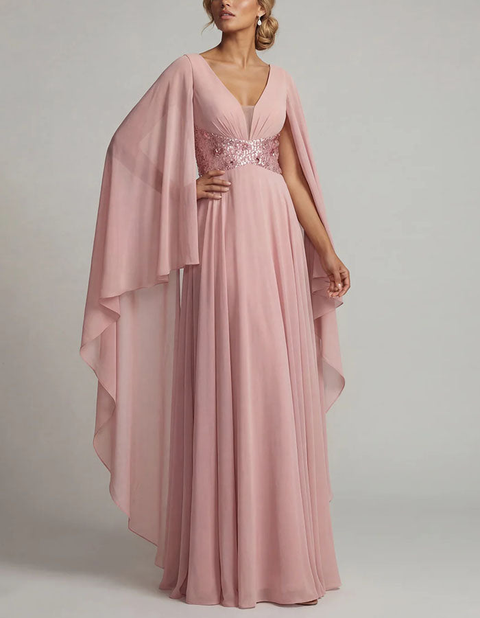 Abito lungo rosa con cintura in vita di paillettes e mantella in chiffon