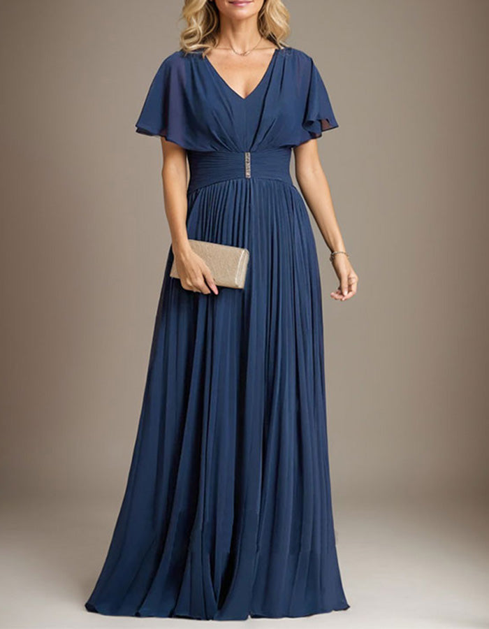 Marineblauwe chiffon maxi-jurk met V-hals  