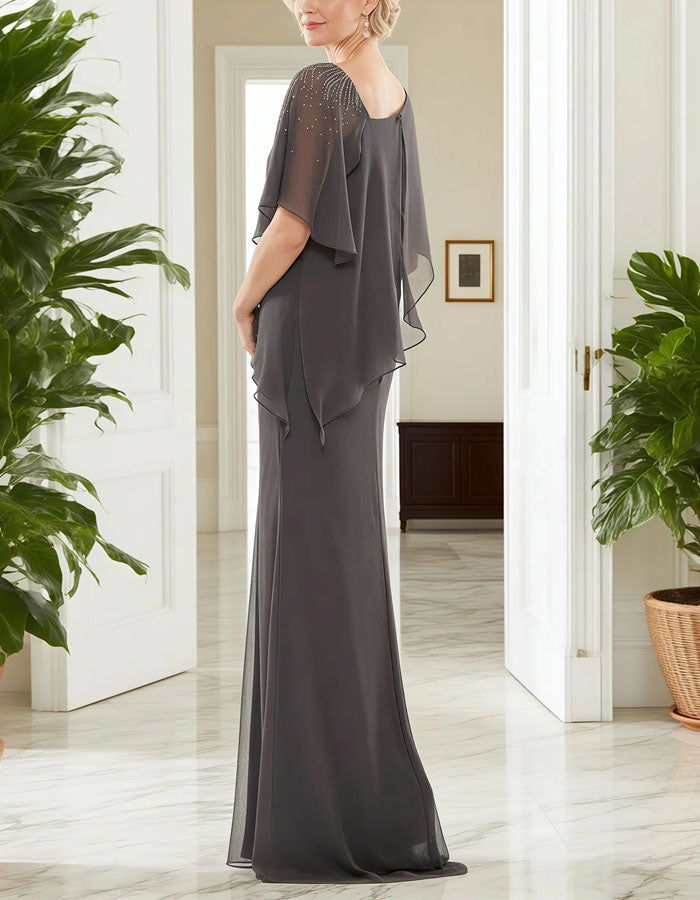 Grijze Off-Shoulder Chiffon Fishtail Maxi Jurk