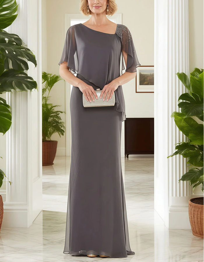 Vestido maxi de chifón con hombros descubiertos y cola de pez, color gris
