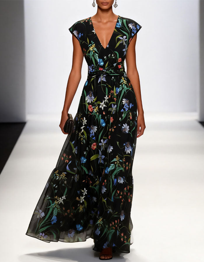 Vestido Maxi Preto Floral de Chiffon com Decote em V e Camadas  