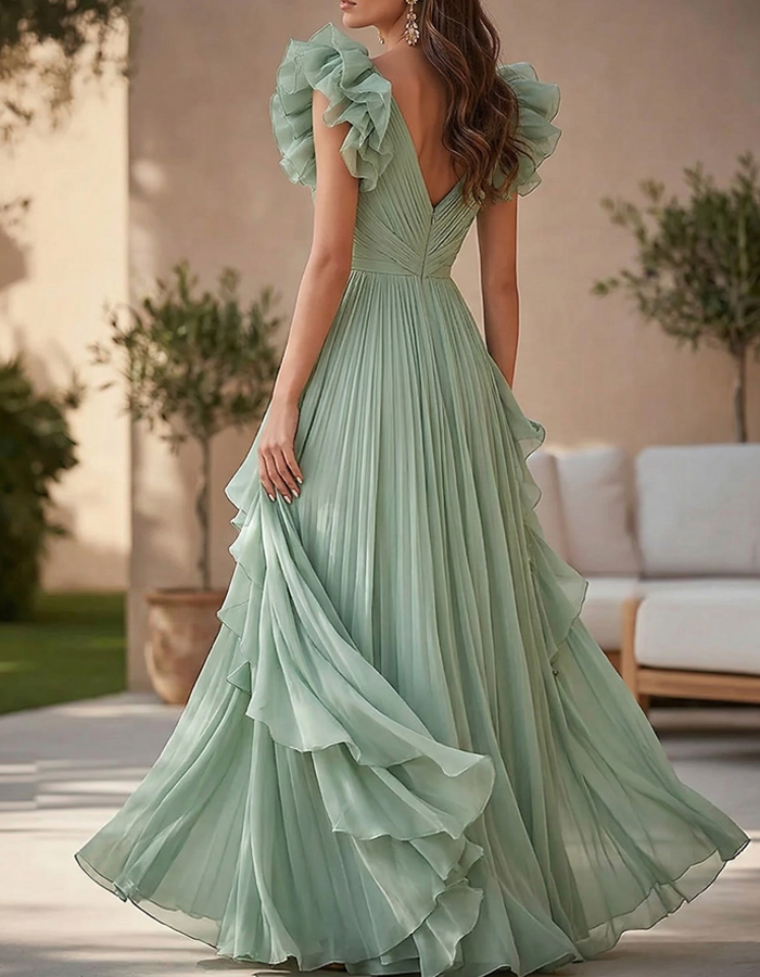 Sage Green Ruffled Chiffon Pleated Maxi Dress