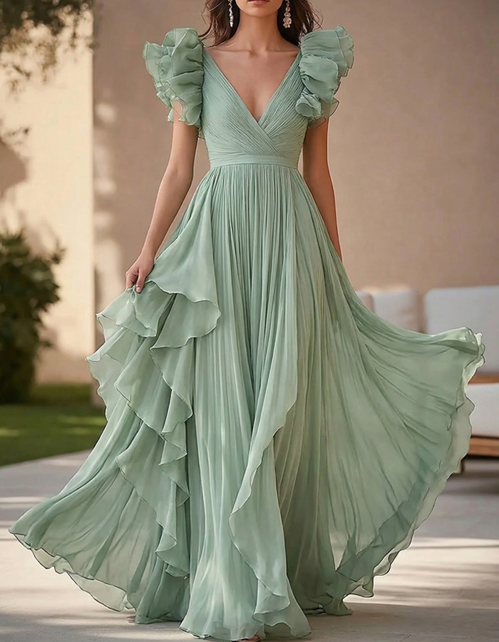 Sage Green Ruffled Chiffon Pleated Maxi Dress