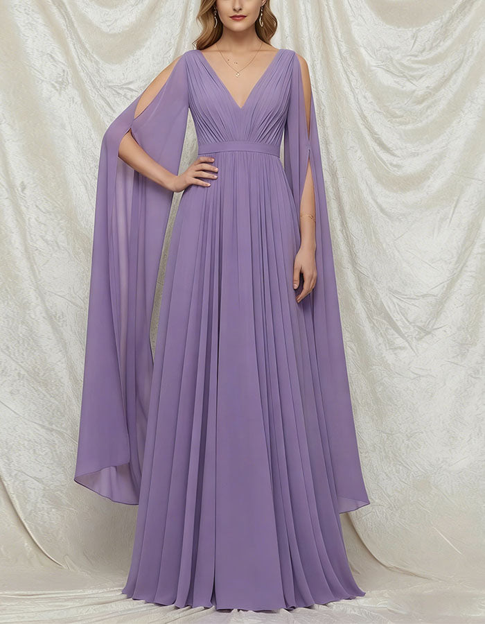 Vestido Maxi Roxo de Chiffon com Decote em V, Fenda e Mangas Capa  