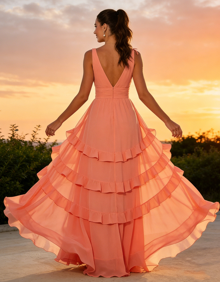 Rochie maxi din șifon coral cu volane