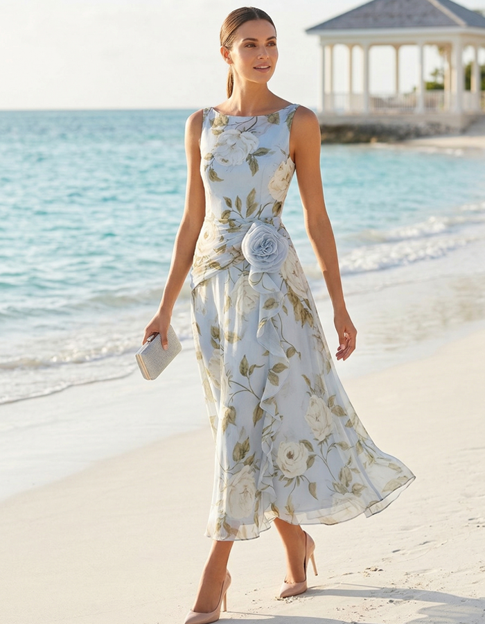 Sleeveless Boat-Neck Printed Chiffon Midi Dress