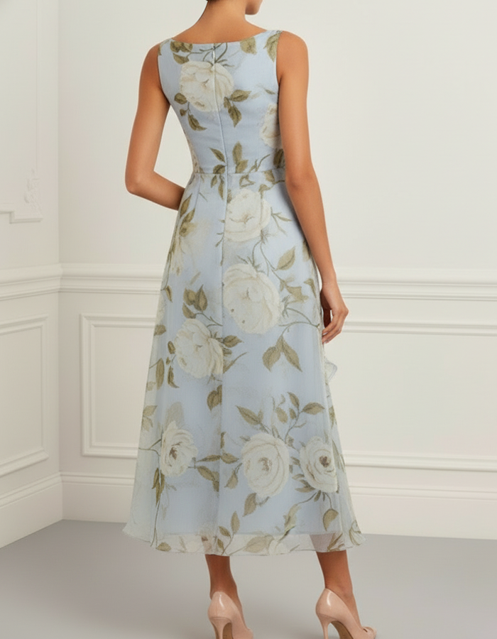 Sleeveless Boat-Neck Printed Chiffon Midi Dress