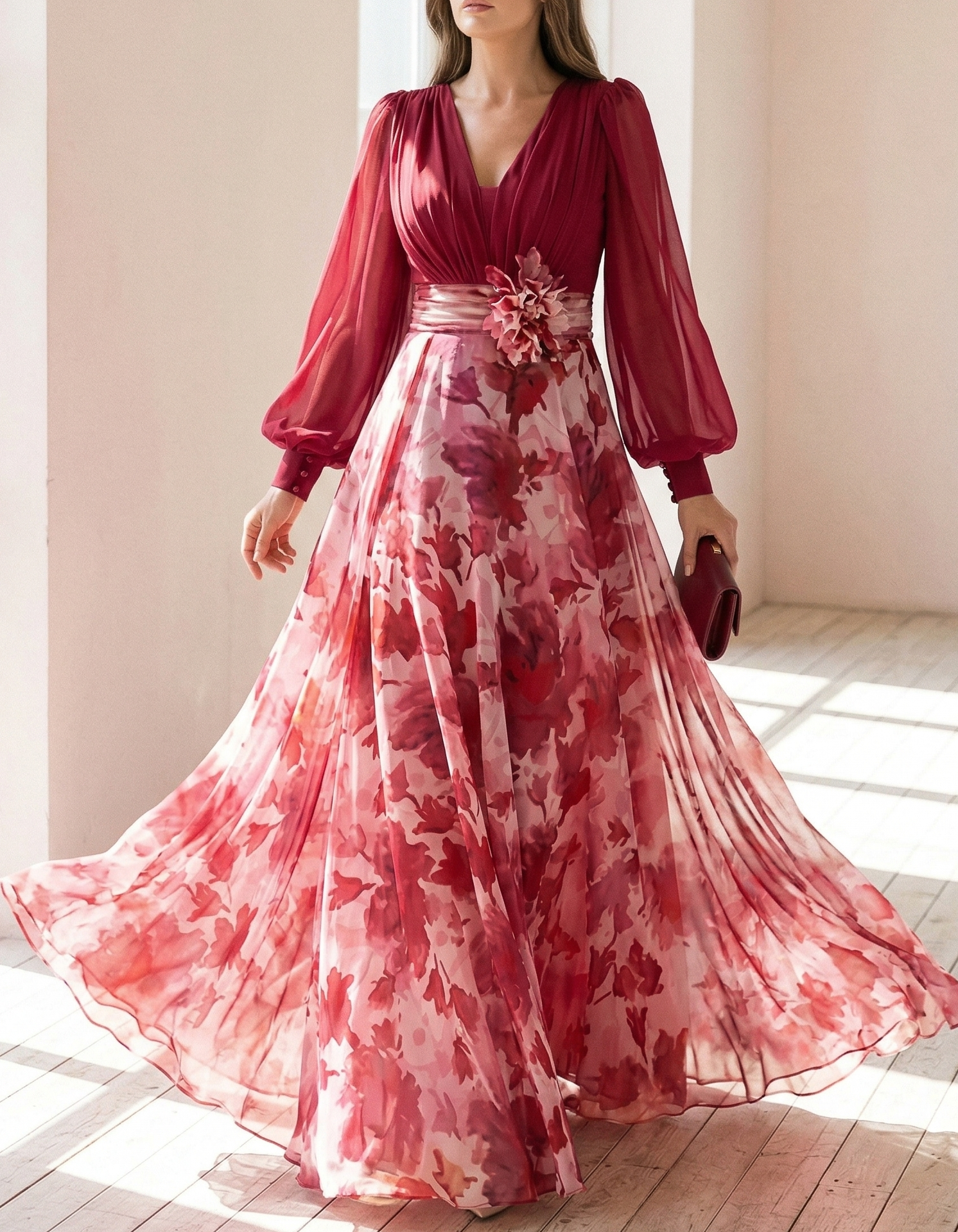 Vestido maxi de cintura ajustada con escote en V y estampado en rosa rosa de gasa  