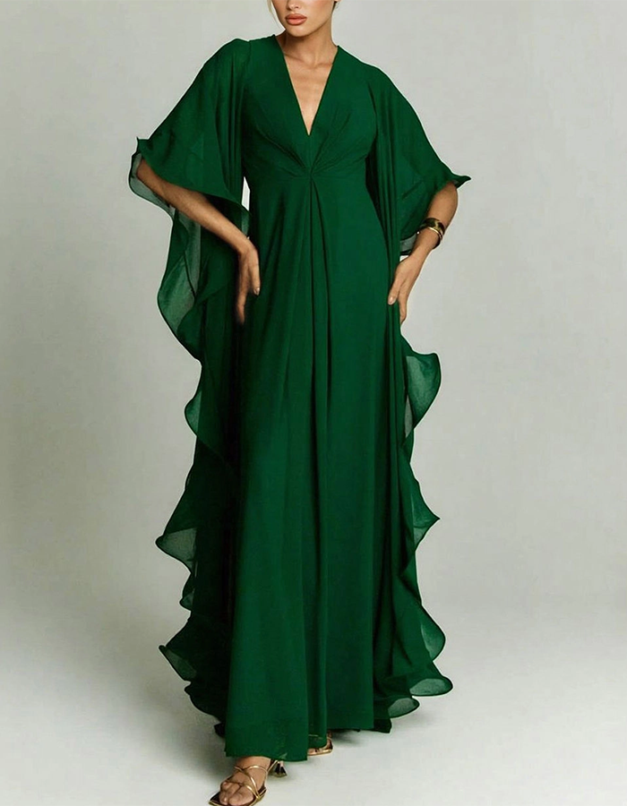 Rochie maxi din șifon verde smarald cu volane și pelerină
