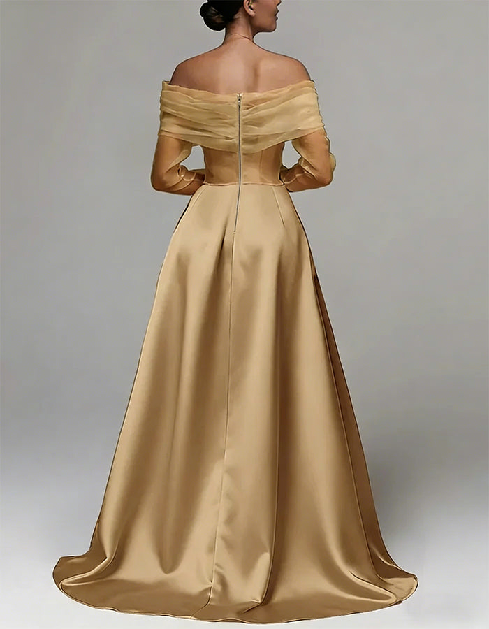 Robe maxi en satin à manches longues, épaules dénudées, fente, brodée de sequins, coupe trapèze
