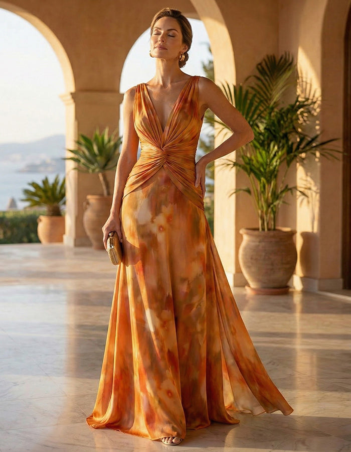 Warm Oranje Tie Dye Print V-hals Knoop Maxi-jurk