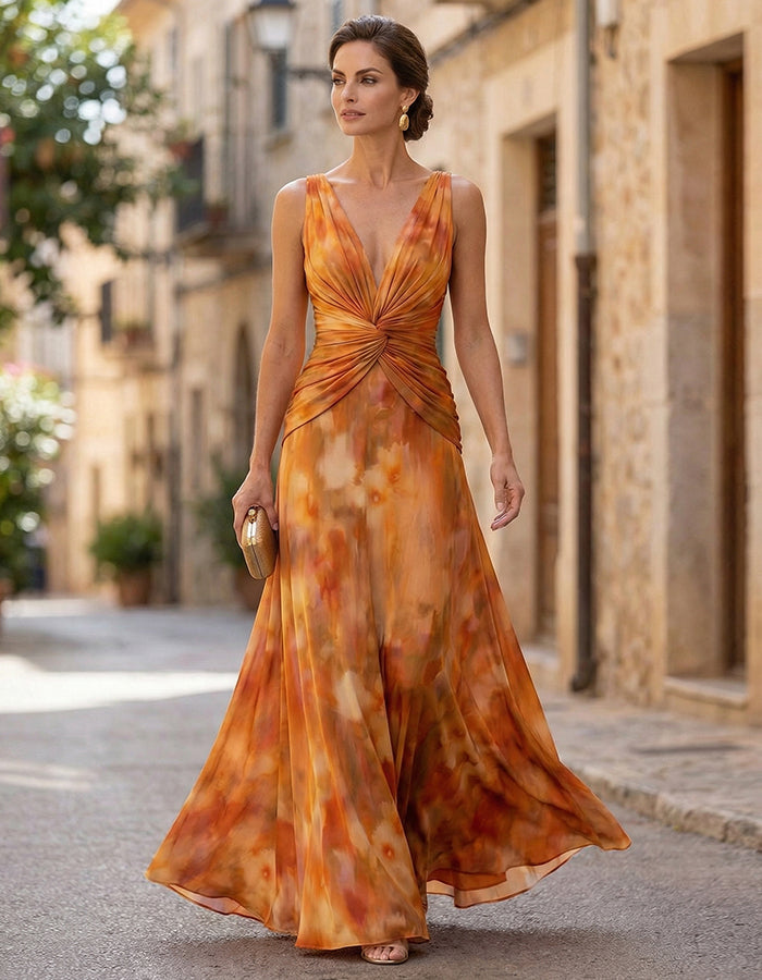 Warm Orange Tie Dye Print V-Neck Knot Maxi Dress