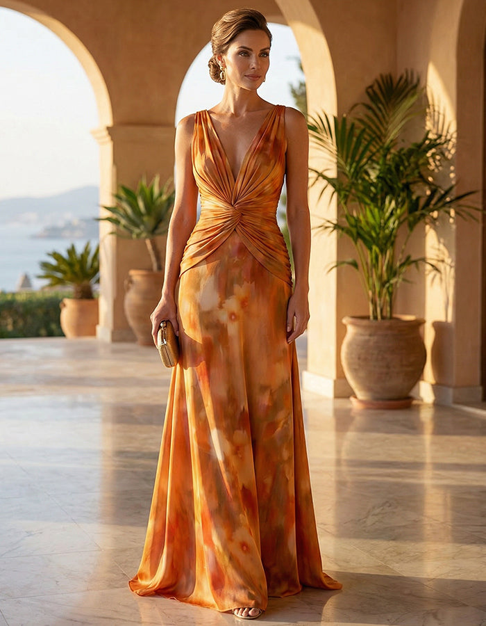 Warm Orange Tie Dye Print V-Neck Knot Maxi Dress