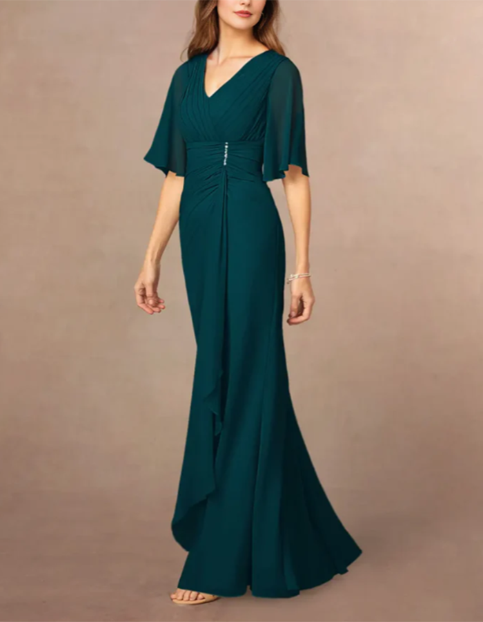 Tealgrünes Spitzen-Chiffon-Maxikleid