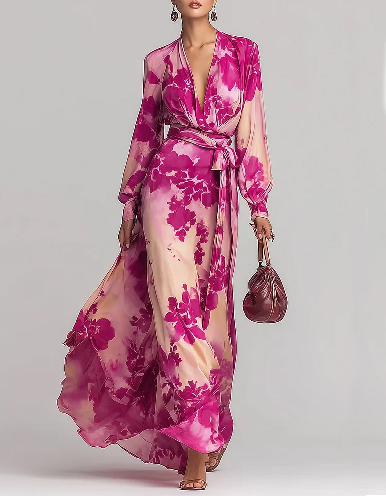 Abito lungo in chiffon rosa rosa con scollo a V e stampa in vita  