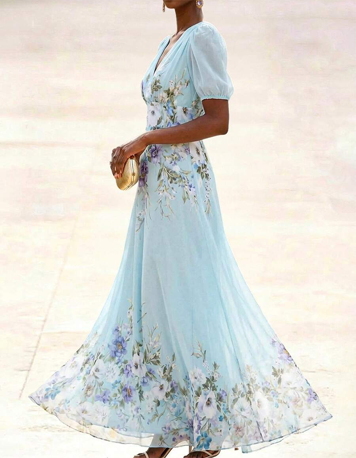 Rochie maxi din șifon cu imprimeu floral albastru cer