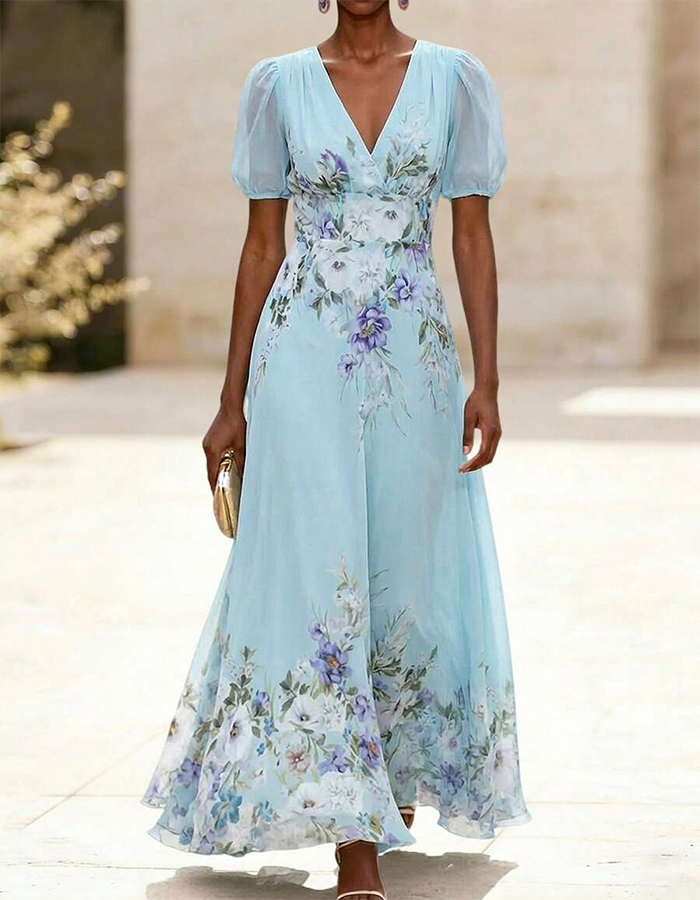 Rochie maxi din șifon cu imprimeu floral albastru cer