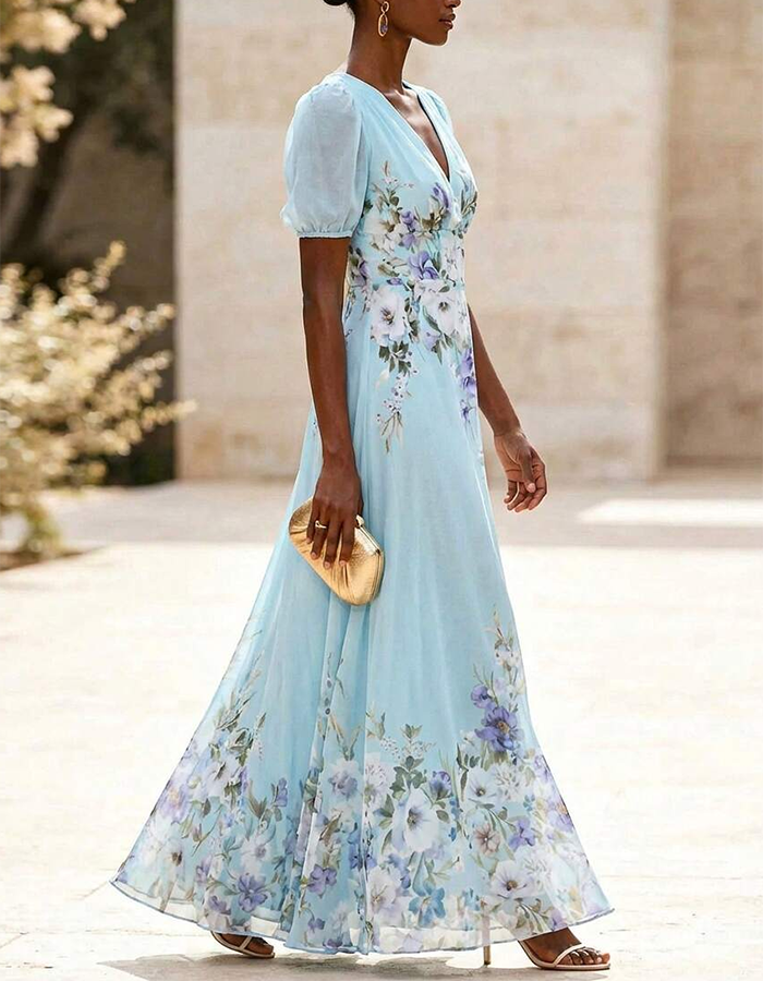 Rochie maxi din șifon cu imprimeu floral albastru cer