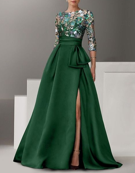 Vestido maxi con cintura ajustada, abertura y bordado de encaje satinado  