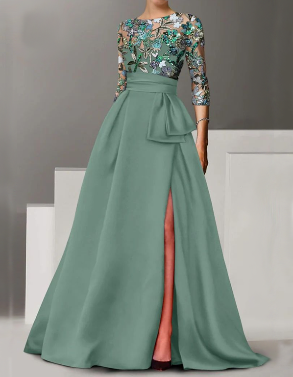 Vestido maxi con cintura ajustada, abertura y bordado de encaje satinado  