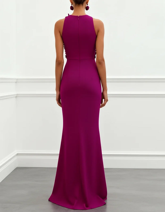 Vestido Maxi Ameixa com Flores 3D, Cauda de Peixe e Decote Halter  