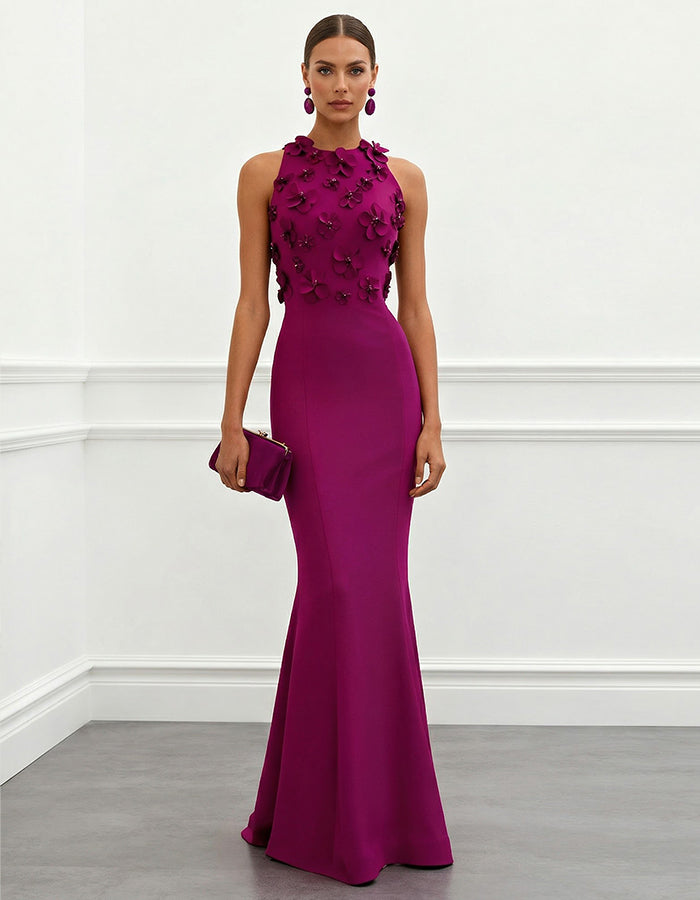 Plum 3D Flower Fishtail Halter Neck Maxi Dress