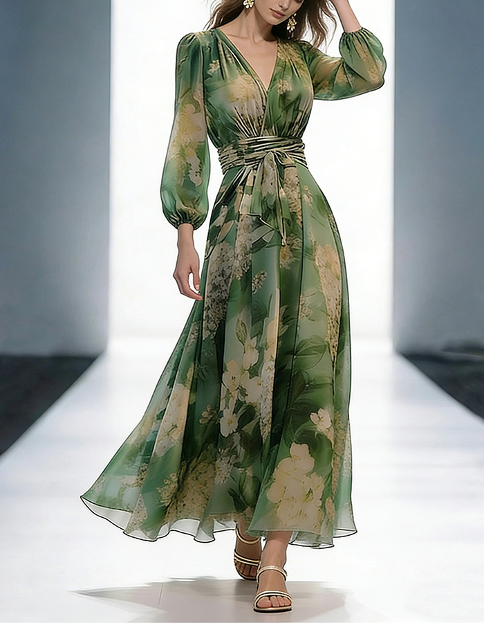 Vestido Maxi Envelope de Chiffon com Estampa Floral Verde  
