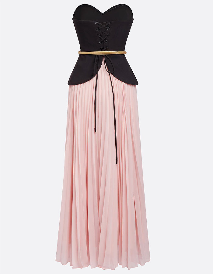 Completo due pezzi con gonna midi plissettata in chiffon nero e rosa senza spalline