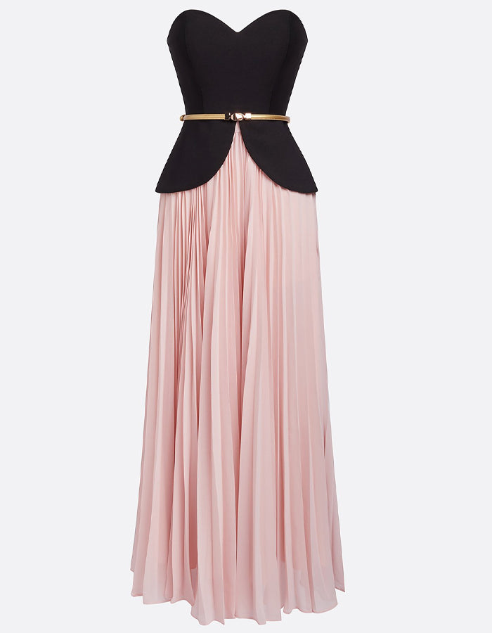 Completo due pezzi con gonna midi plissettata in chiffon nero e rosa senza spalline